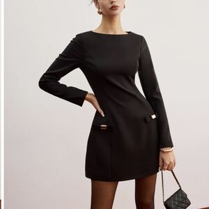 Commense Shift Dress Mini Long Sleeves Gold Buckles Black S NWT